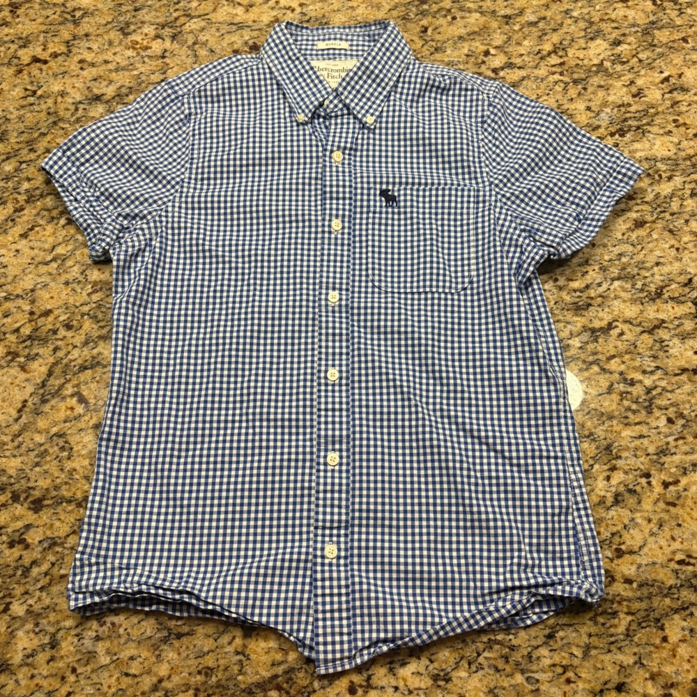 Abercrombie & Fitch Mens Muscle Fit Gingham Short Sleeve Button Shirt Blue ws